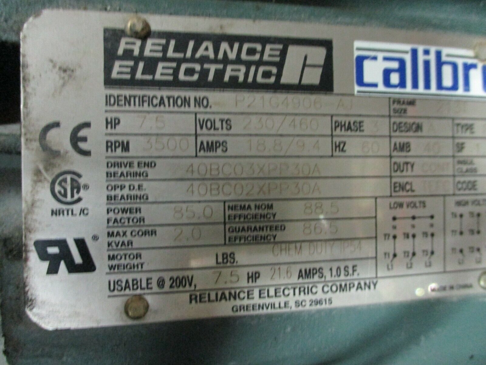 Reliance Calibre Chem Duty AC Motor P21G4906-AJ 7.5HP 3600RPM 230/460V 3Ph Used
