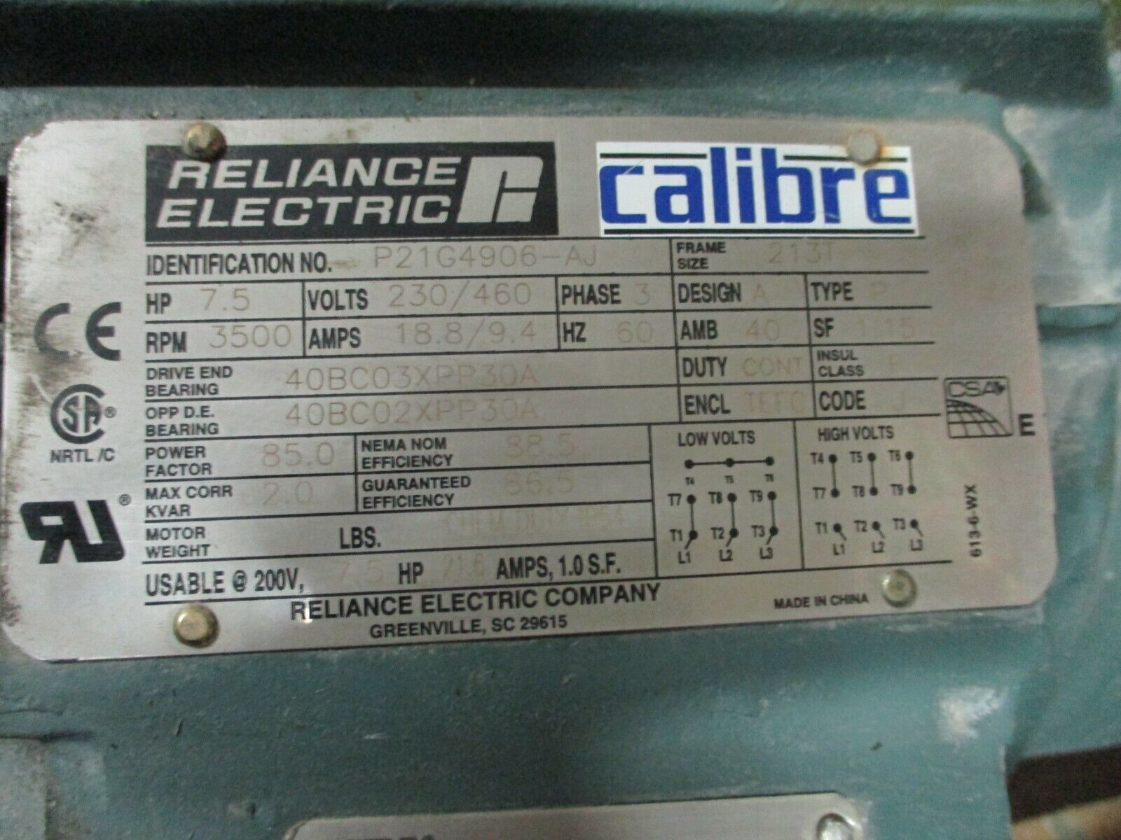 Reliance Calibre Chem Duty AC Motor P21G4906-AJ 7.5HP 3600RPM 230/460V 3Ph Used