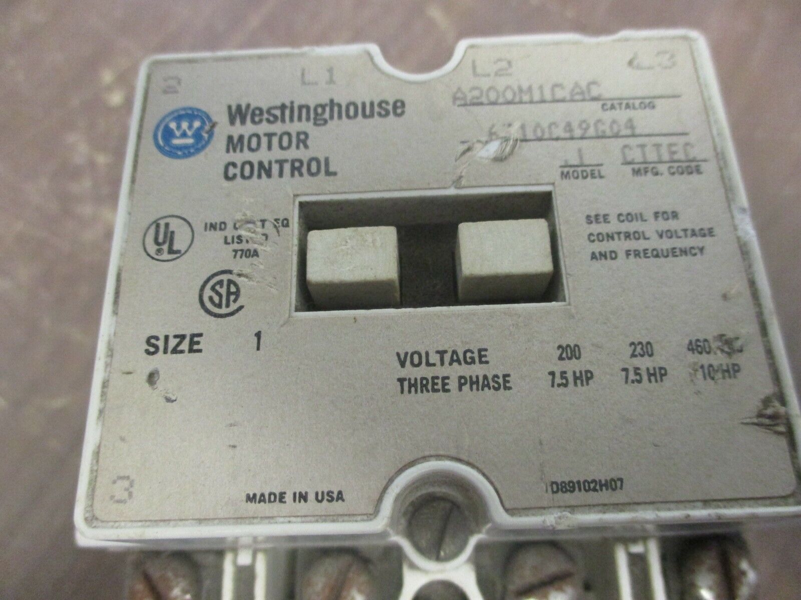 Westinghouse Size 1 Contactor A200M1CAC 120V Coil Used