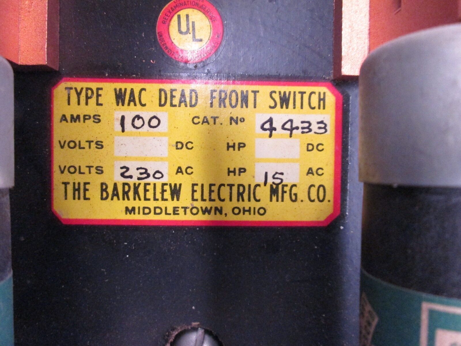 Barkelew Type WAC Dead Front Switch 4433 100A 600V w/100A Fuses *Fuses May Vary*