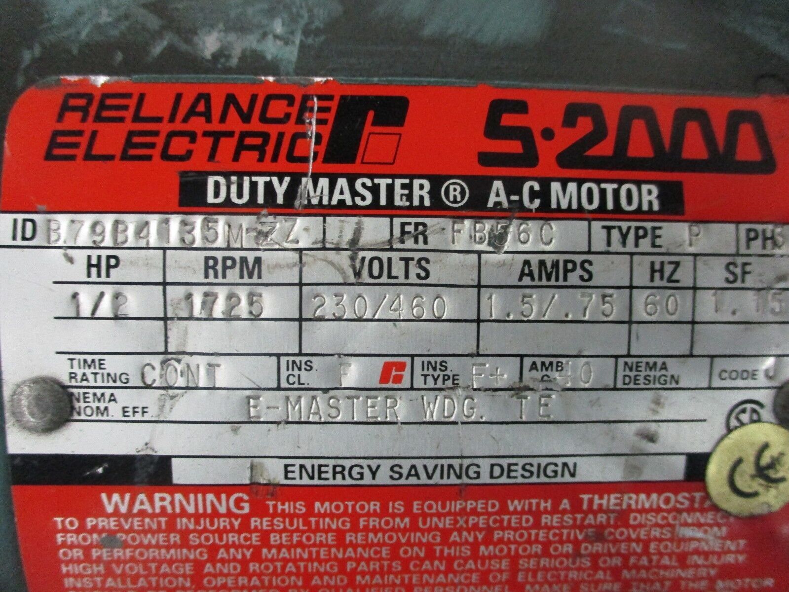 Reliance Duty Master AC Motor B79B4135M-ZZ 1/2HP 1800RPM FR:FB56C 230/460V Used