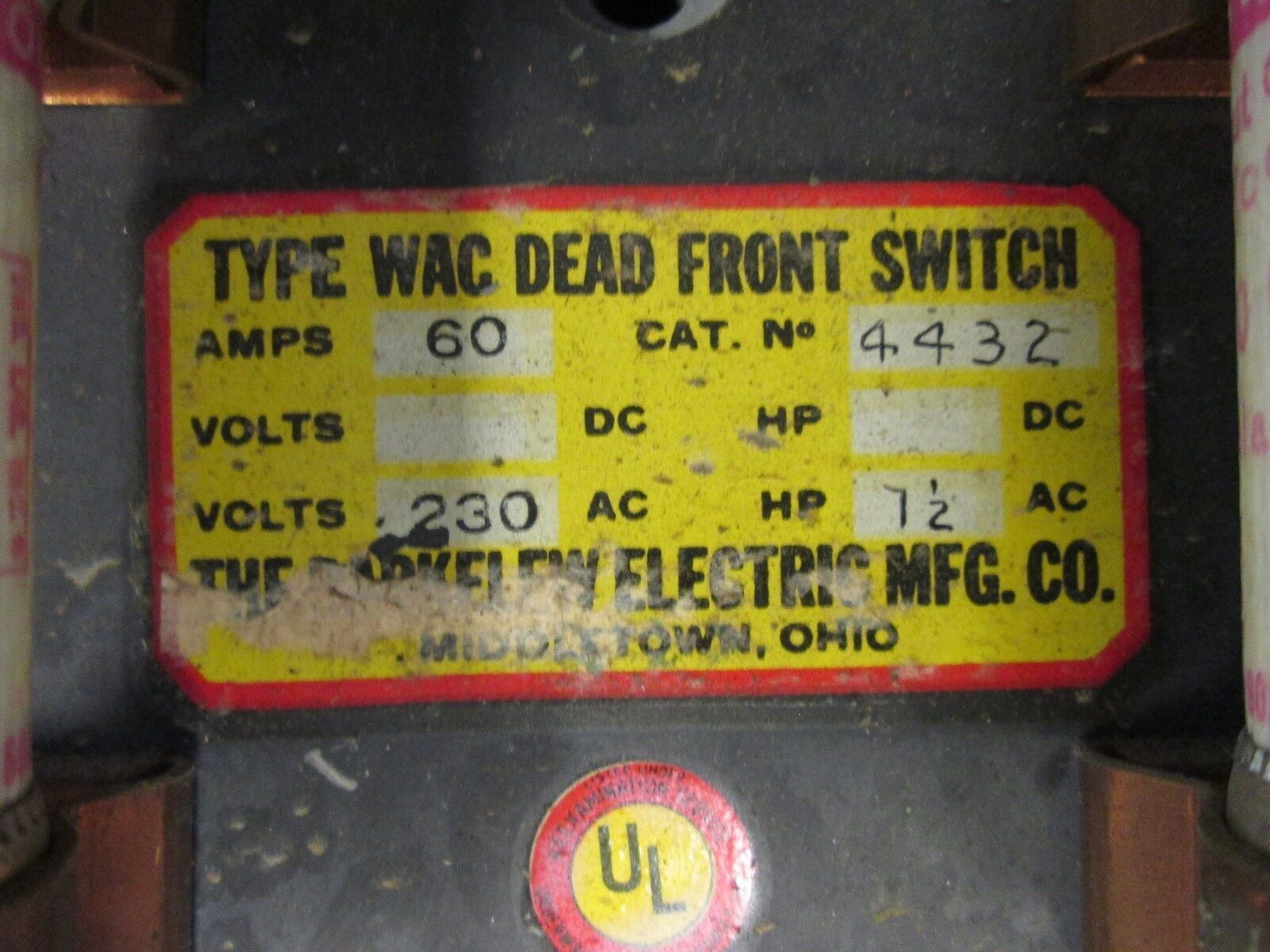 Barkelew Type WAC Dead Front Switch 4432 60A 230V w/ 60A Fuses *Fuses May Vary*