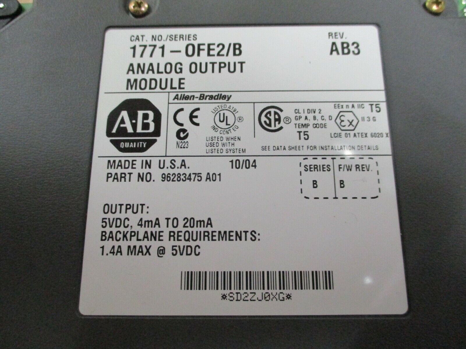 Allen-Bradley Analog Output Module 1771-OFE2/B Ser. B Rev. AB3 F/W Rev. B Used