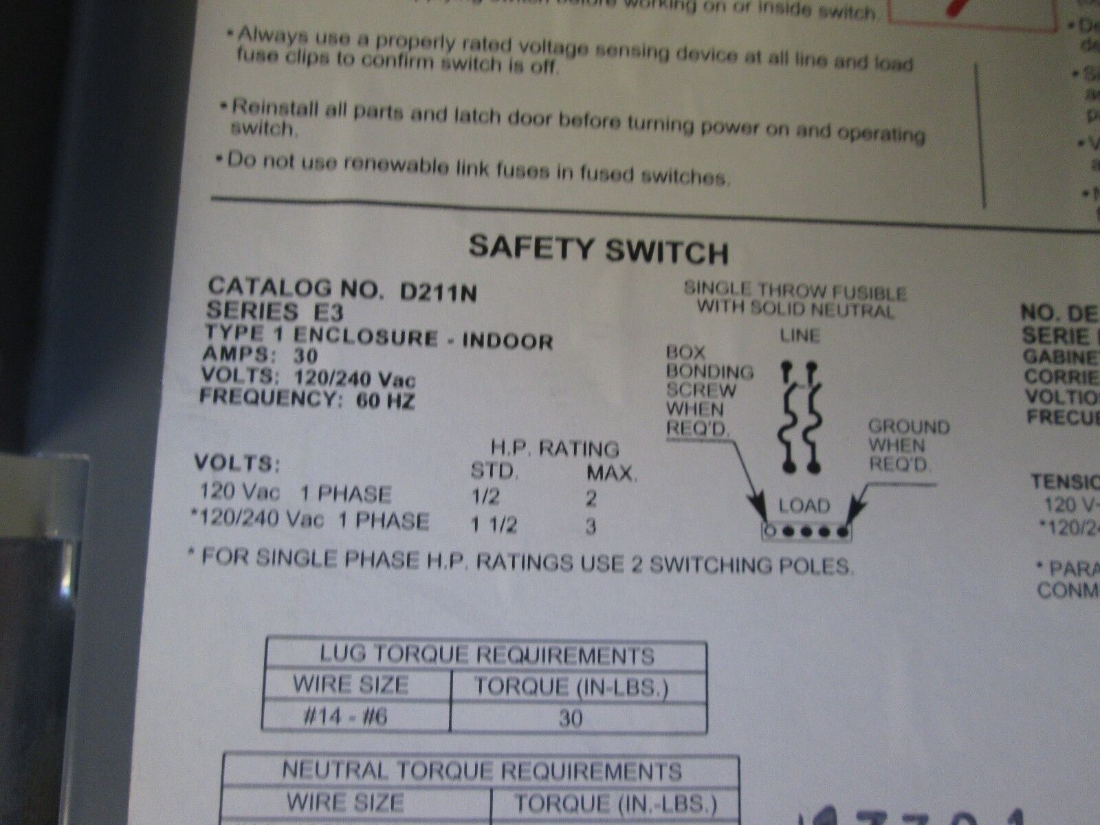 Square D Safety Switch D211N 30A 120/240V 2P 1Ph New Surplus