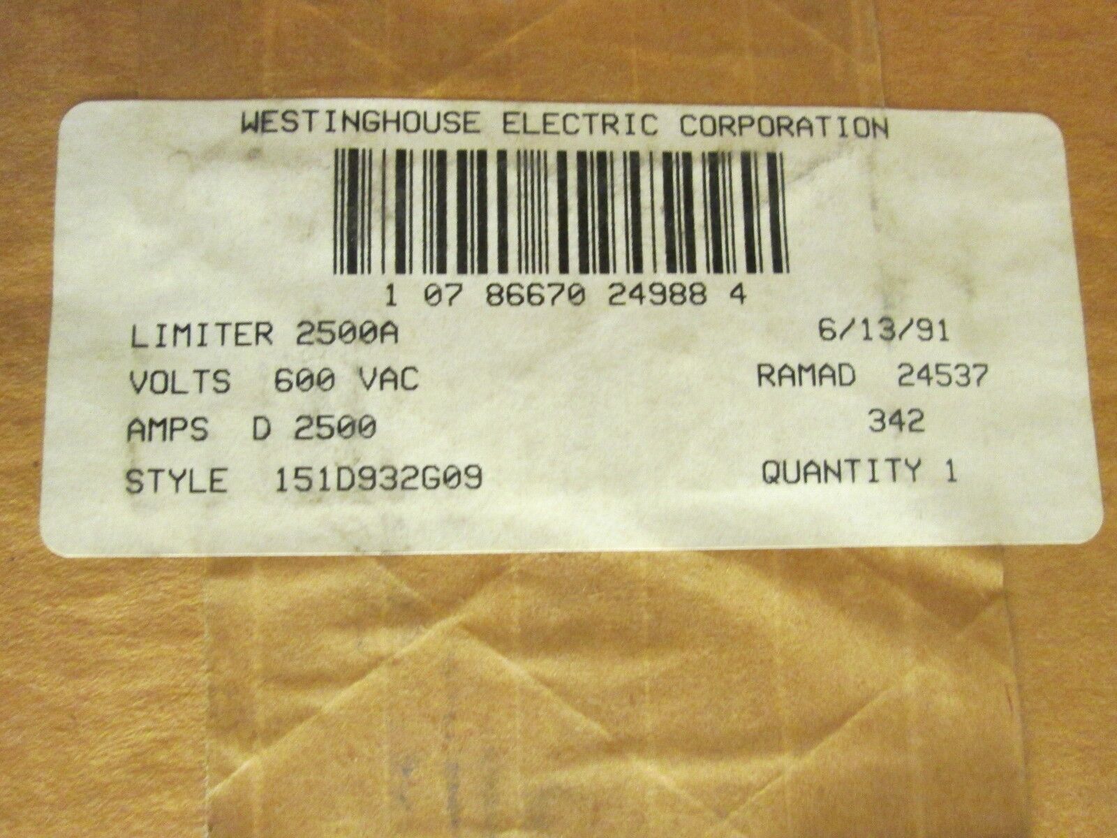 Westinghouse DSL Limiter Fuse 151D932G09 600V size: D2500 New Surplus