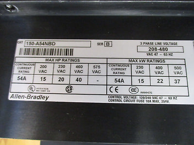 Allen-Bradley SMC Plus Soft Start 150-A54NBD Ser. B 40HP 208-480V 3Ph 54A Used