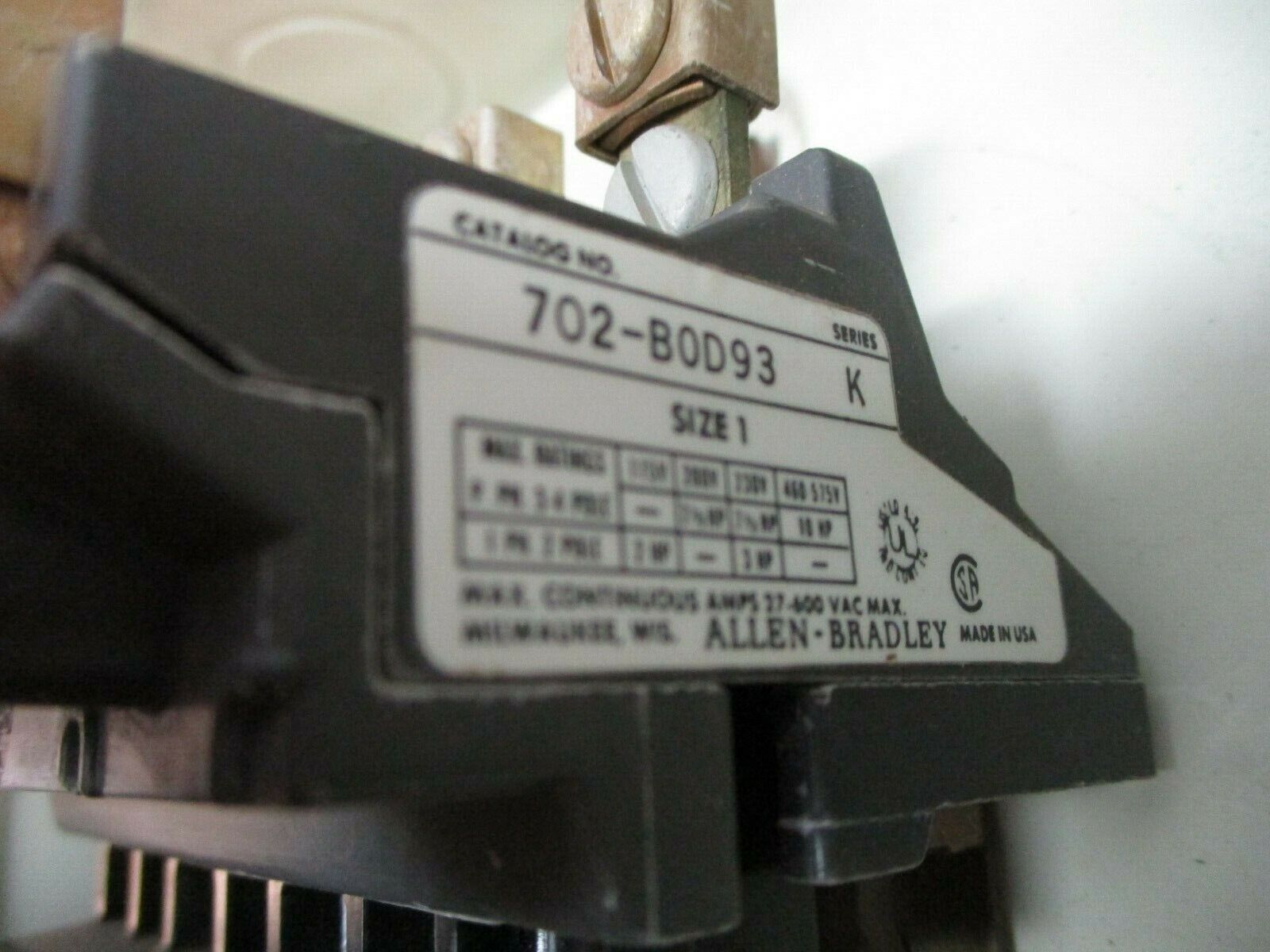 Allen-Bradley Enclosed Size 1 Contactor 702-BAD93 Ser. K 120V Coil 27A 600V Used