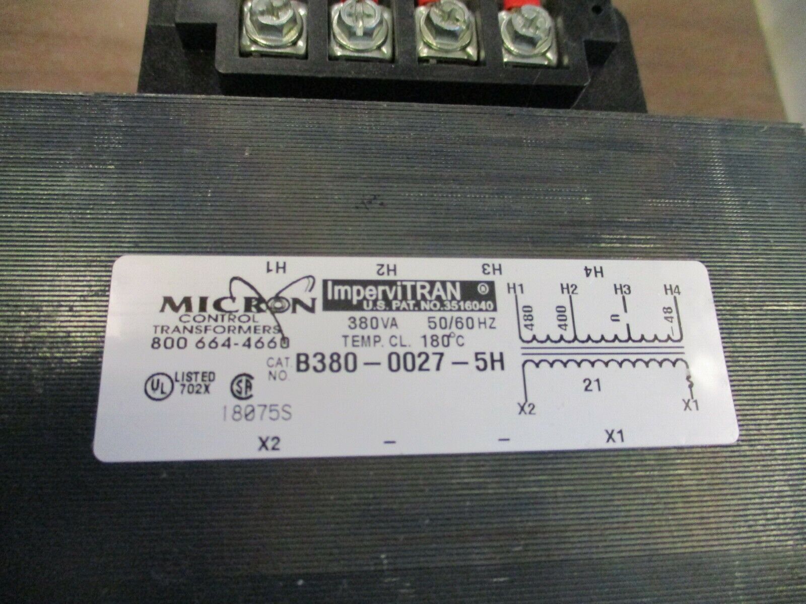 Micron ImperviTRAN Control Transformer B380-0027-5H 380VA Pri: 400/480V Sec: 21V