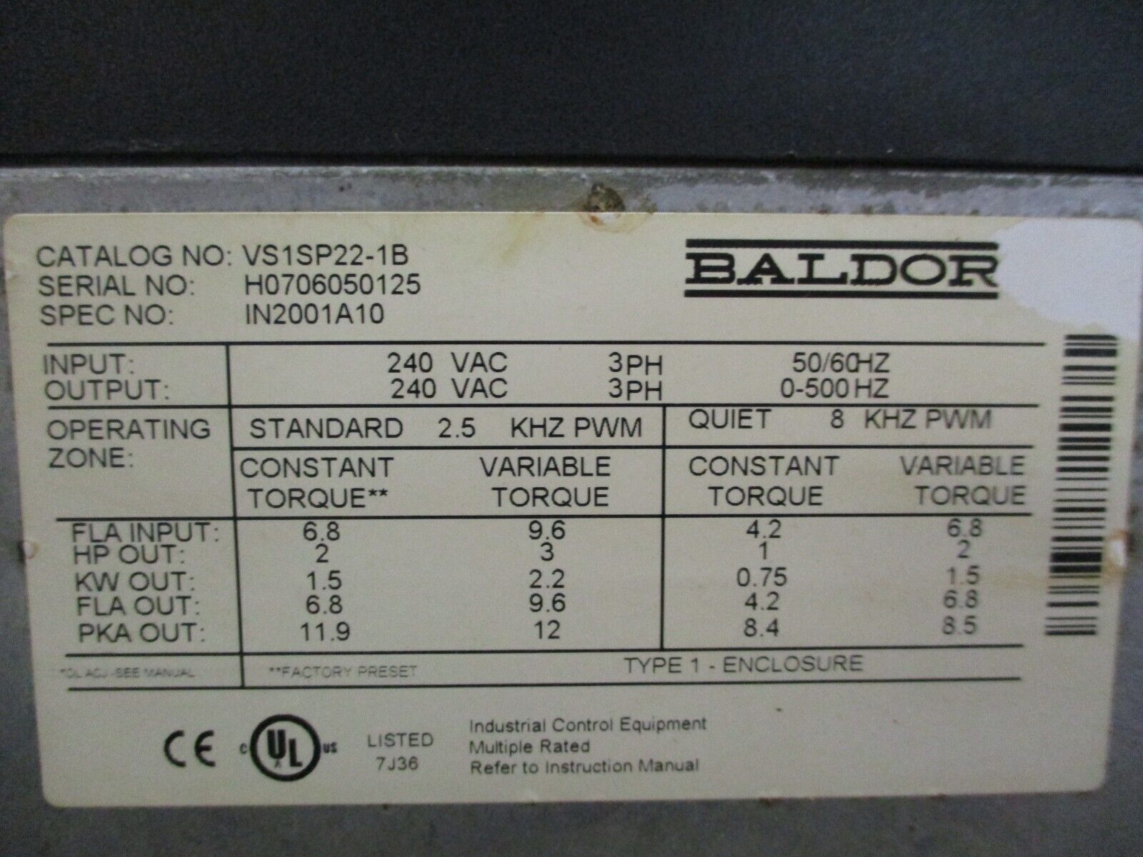Baldor VS H2 AC Drive VS1SP22-1B 3HP 3Ph *No Keypad* Used