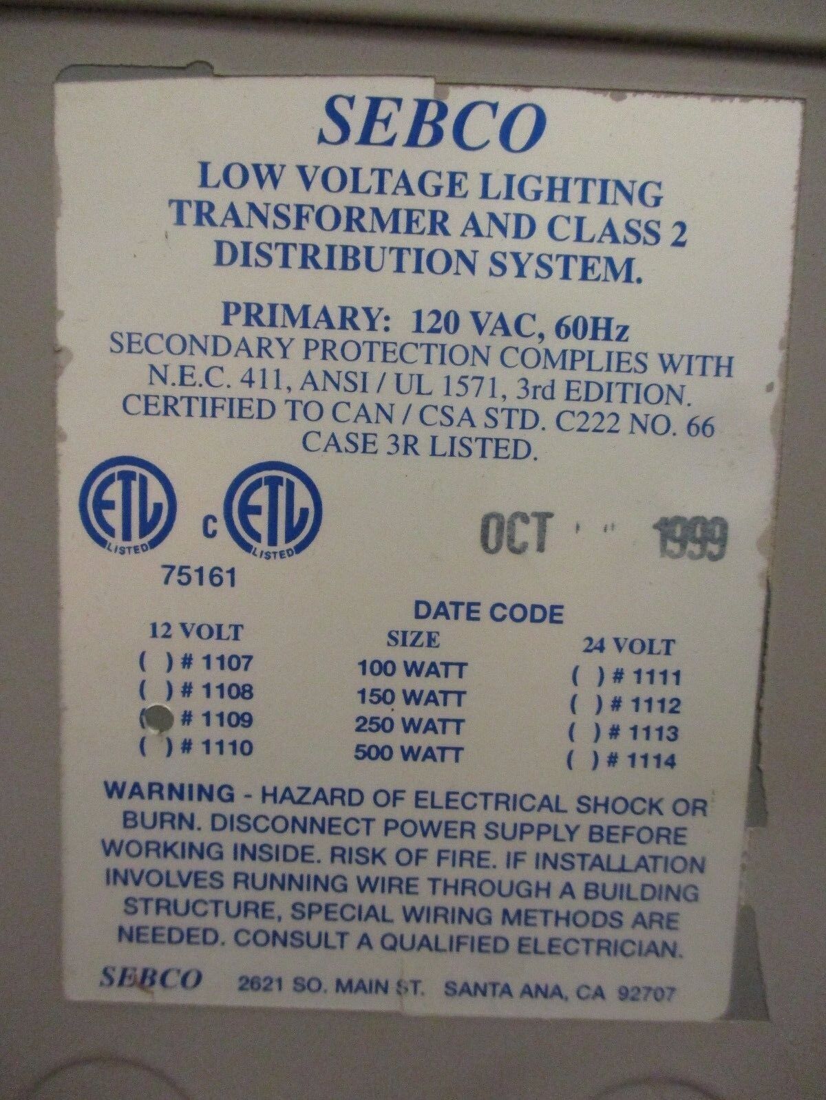 Sebco Low Voltage Lighting Transformer 1109 Pri: 120V Sec: 12V 60Hz 250W 3R Enc.