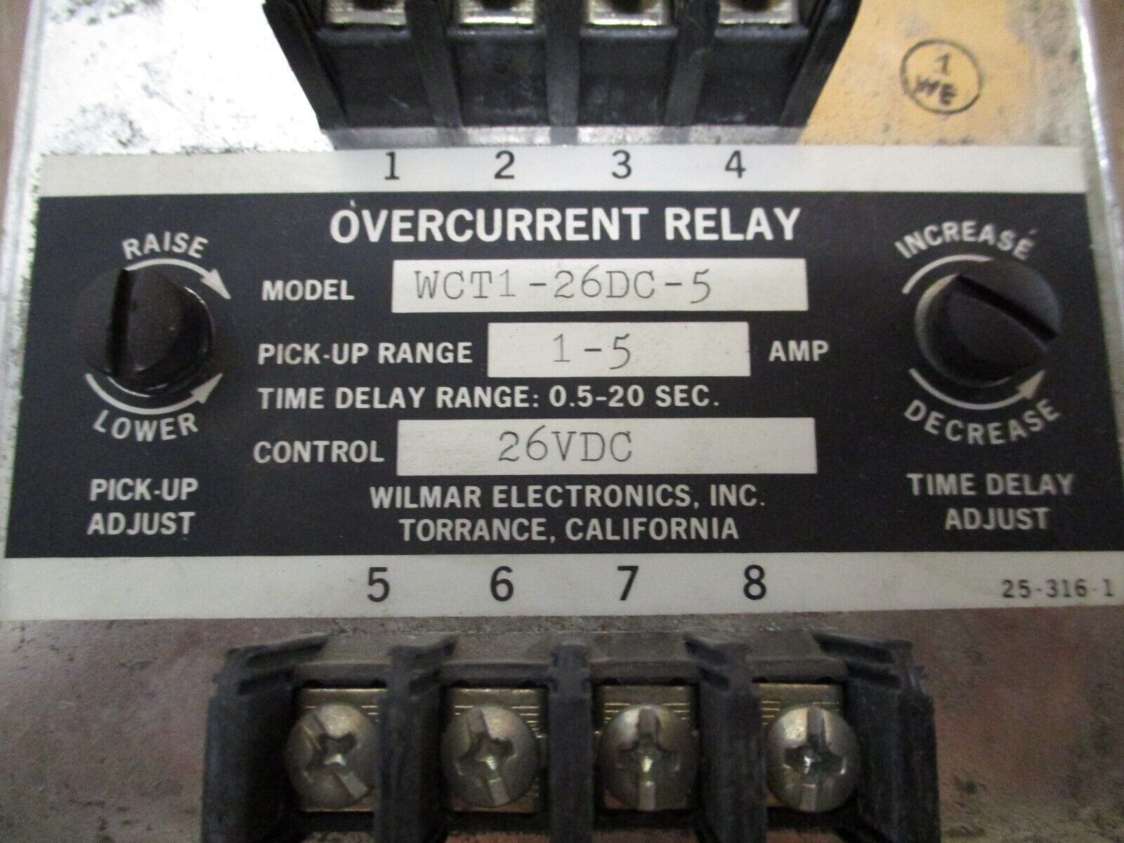 Wilmar Overcurrent Relay WCT1-26DC-5 Pick-Up: 1-5A Delay: 0.5-20 Sec Used