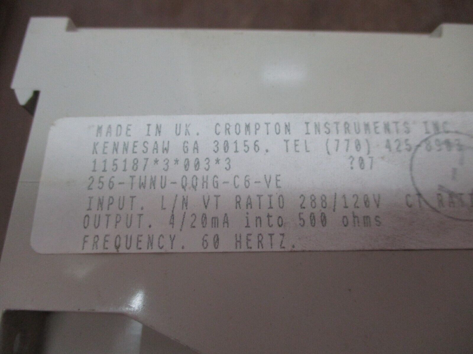 Crompton Paladin Transducer 256-TWNU-QQHG-C6-VE 120V PT: 288:120 CT: 2500:5 Used
