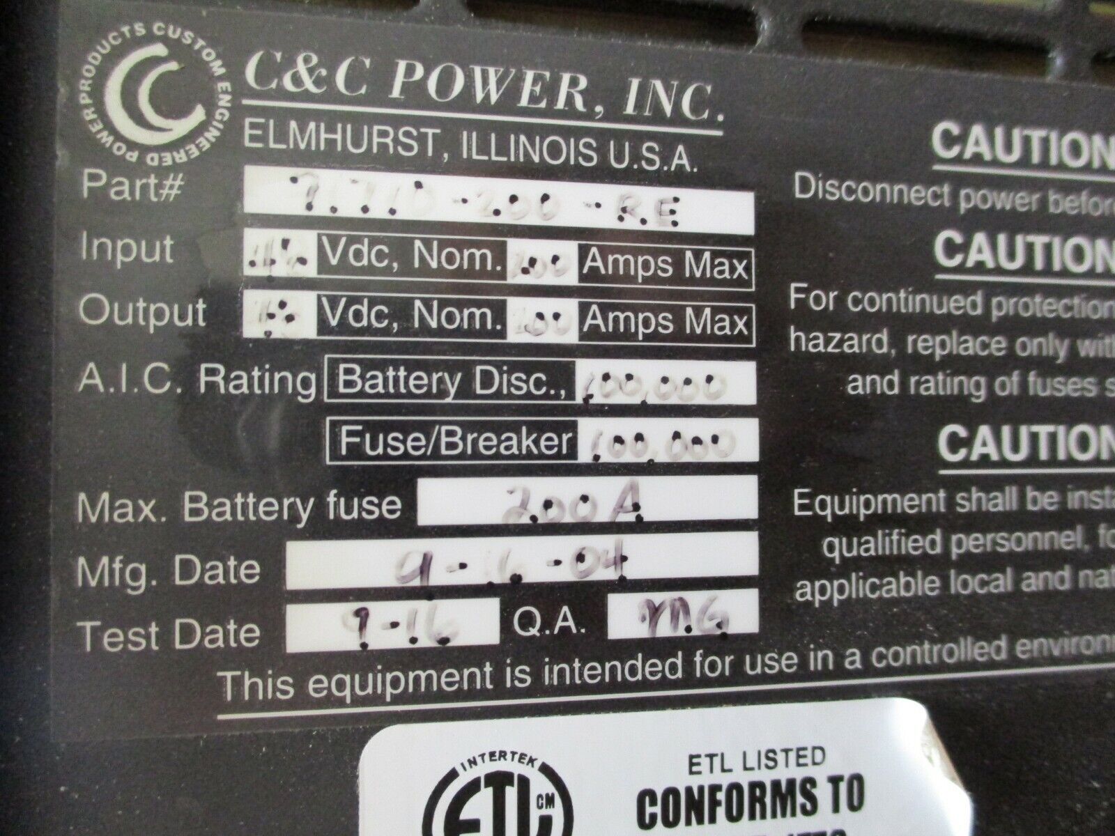 C&C Power INC. Battery Disconnect Panel 91710-200-RE 48VDC 200A Max Used
