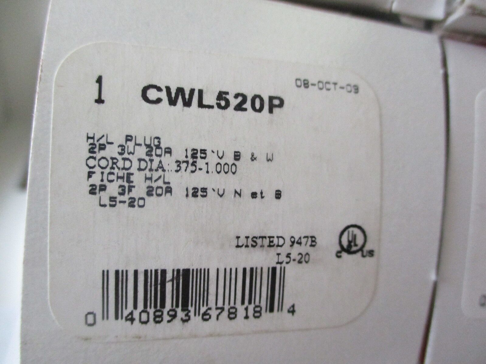 Cooper Plug CWL520P 20A 125V 3W *Lot of 6* New Surplus