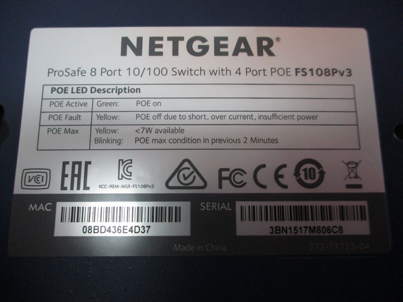 Netgear ProSafe 8-Port 10/100 Switch w/ 4-Port POE FS108Pv3 *No Power Cord* Used