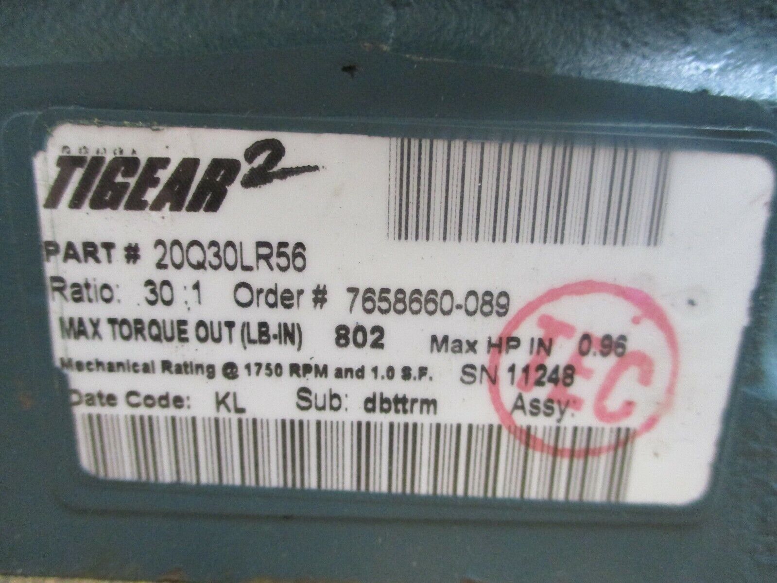 Dodge Tigear 2 Reducer 20Q30LR56 Ratio 30:1 0.96HP IN 802lb-in Torque Out Used