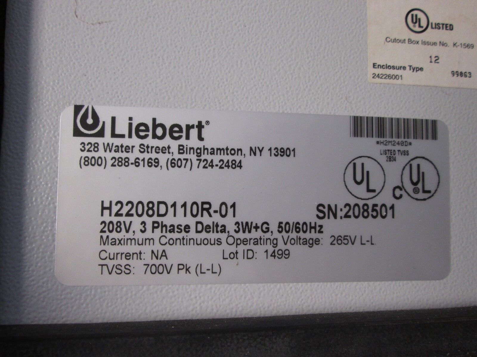 Liebert Interceptor Series Surge Suppressor H2208D110R-01 208V 3PH 50/60HZ Used