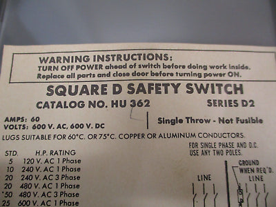 Square D Non-Fusible Safety Switch HU362 60A 600V 3P Nema 1 Enclosure Used