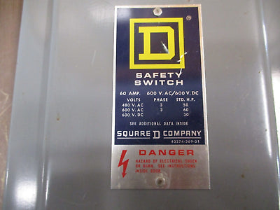 Square D Non-Fusible Safety Switch HU362 60A 600V 3P Nema 1 Enclosure Used