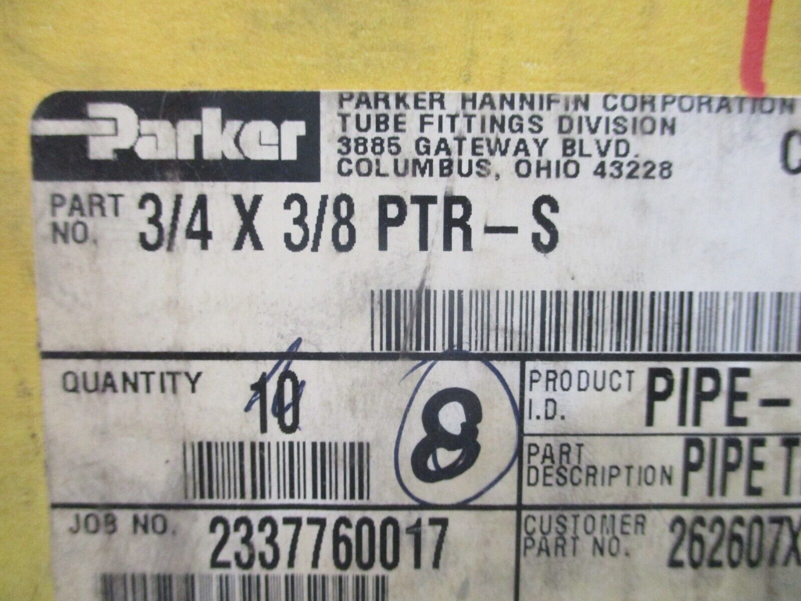 Parker Pipe Thread Reducer 3/4 X 3/8 PTR-S *Box of 10* New Surplus
