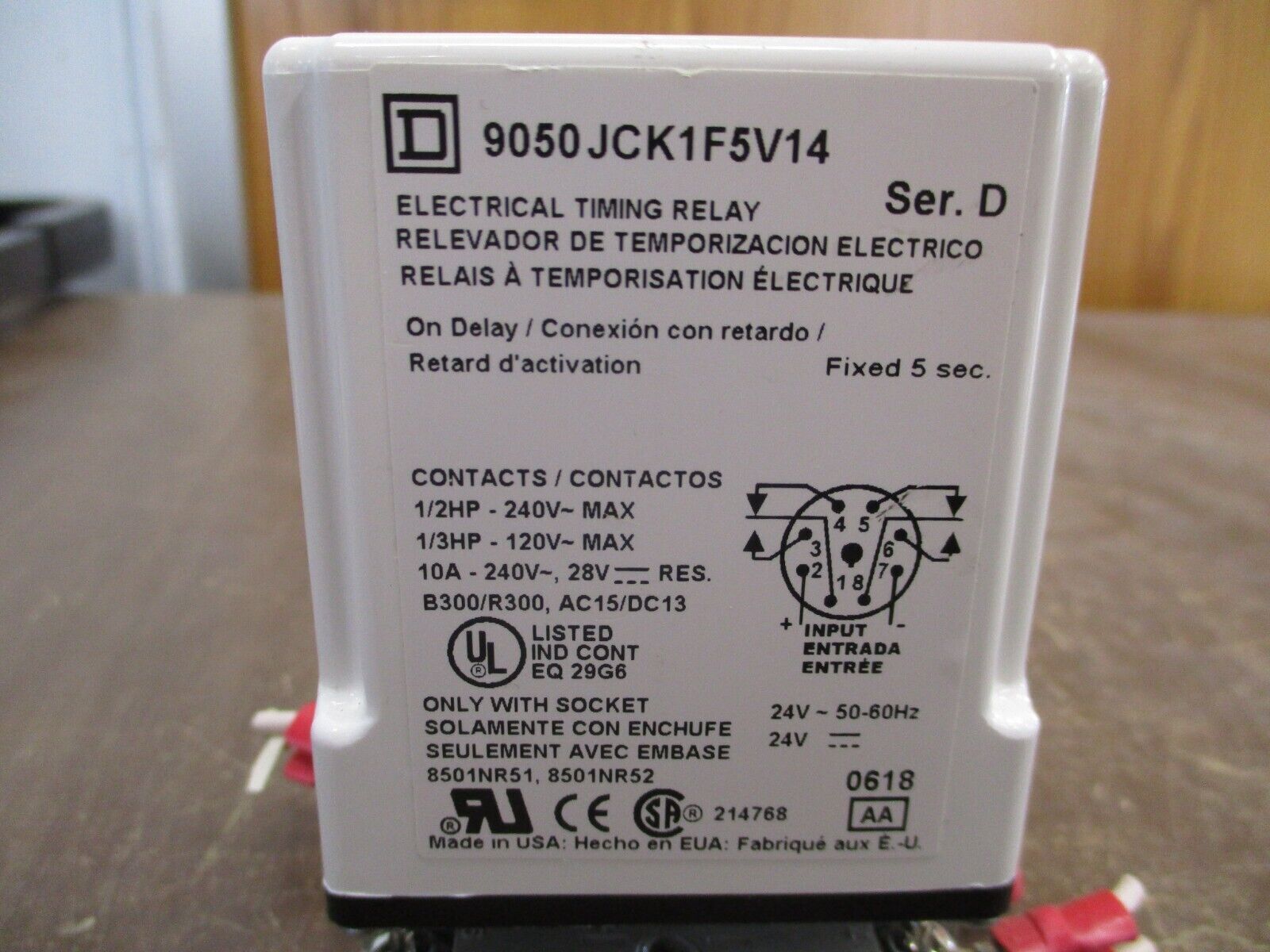 Square D Timing Relay 9050 JCK1F5V14 Ser. D Delay: Fixed 5 Sec w/ Base Used