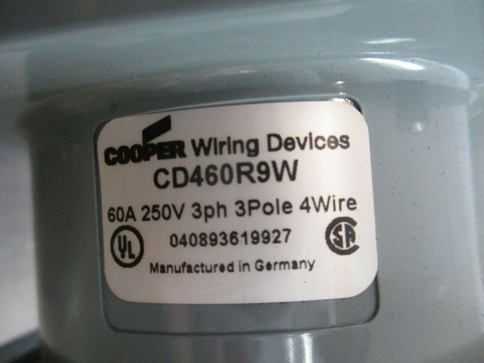 Cooper Receptacle w/ Base CD460R9W 60A 250V 3P 4W Used
