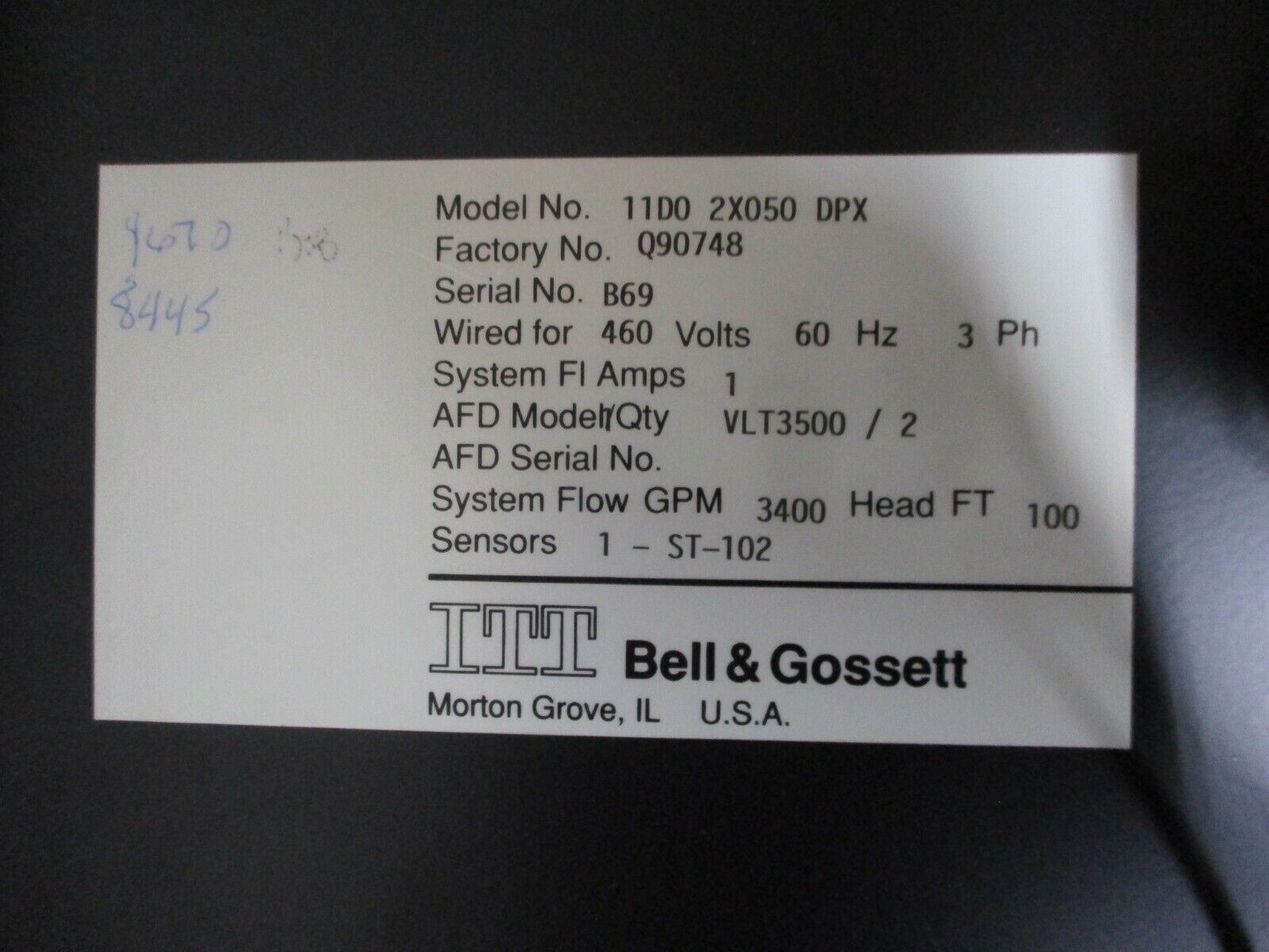 Bell & Gossett Powersav Pump Controller 11D0 2X050 DPX 460V 60Hz 3Ph 1A Used