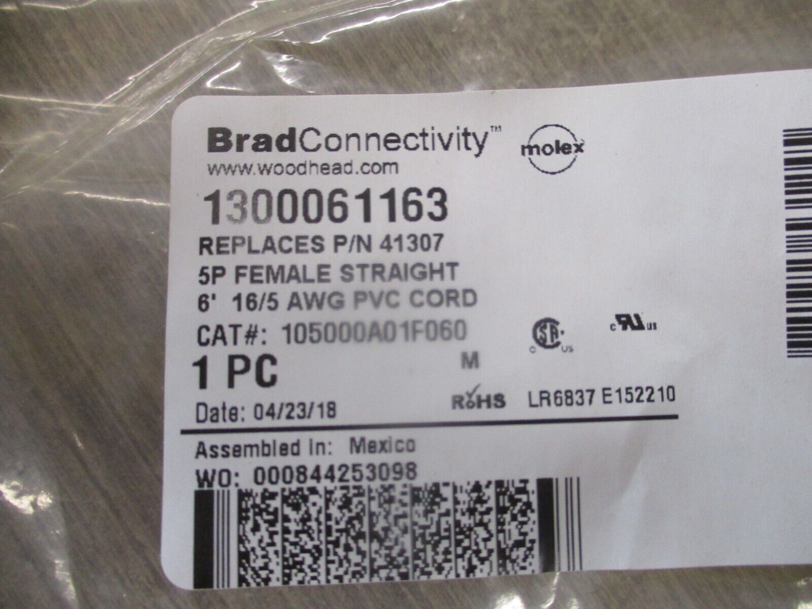 Woodhead Brad Connectivity Cordset 105000A01F060 5p Female Straight New Surplus