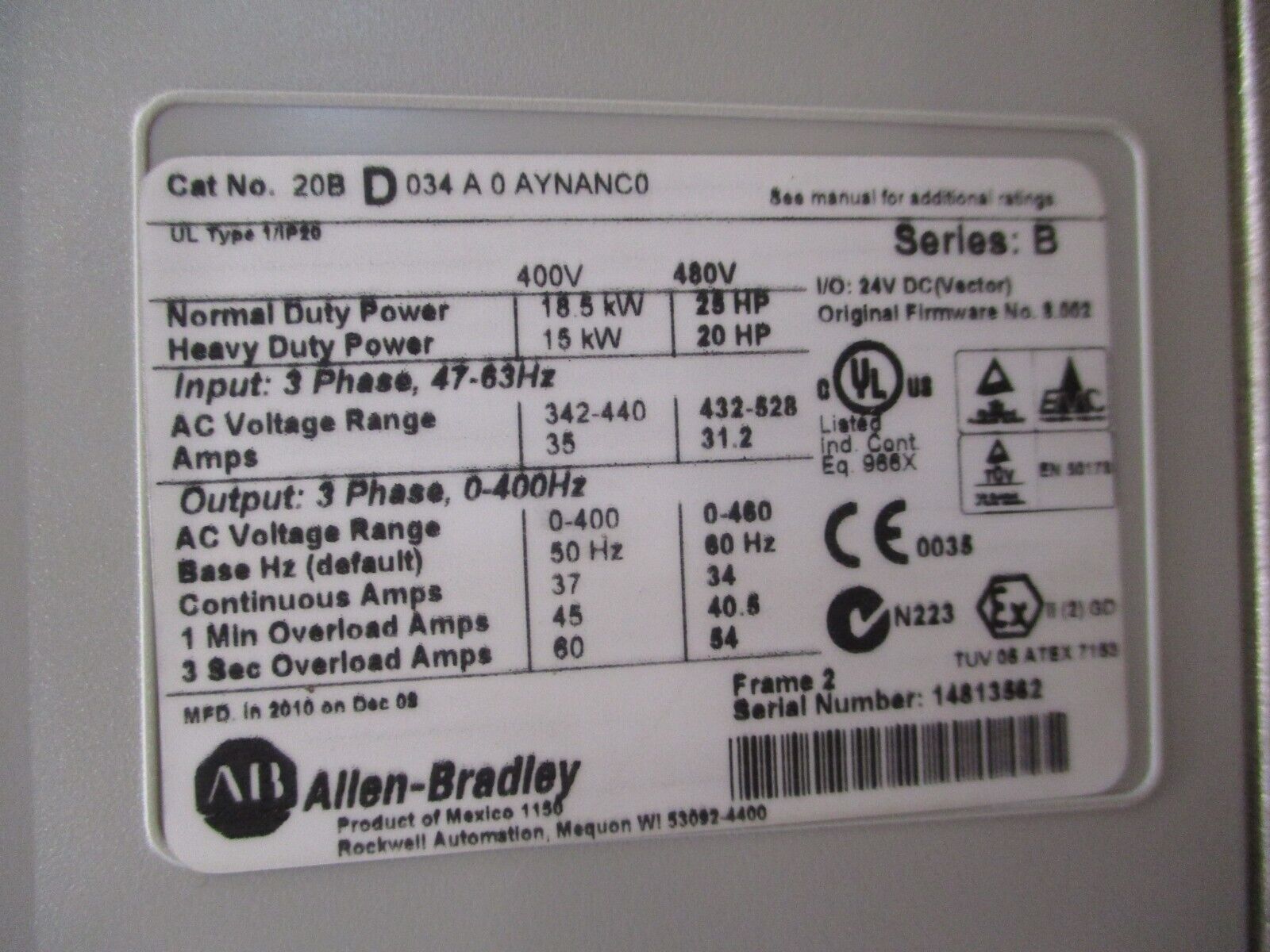 Allen-Bradley PowerFlex 700 AC Drive 20BD034A0AYNANC0 Ser. B 25HP 3Ph Used