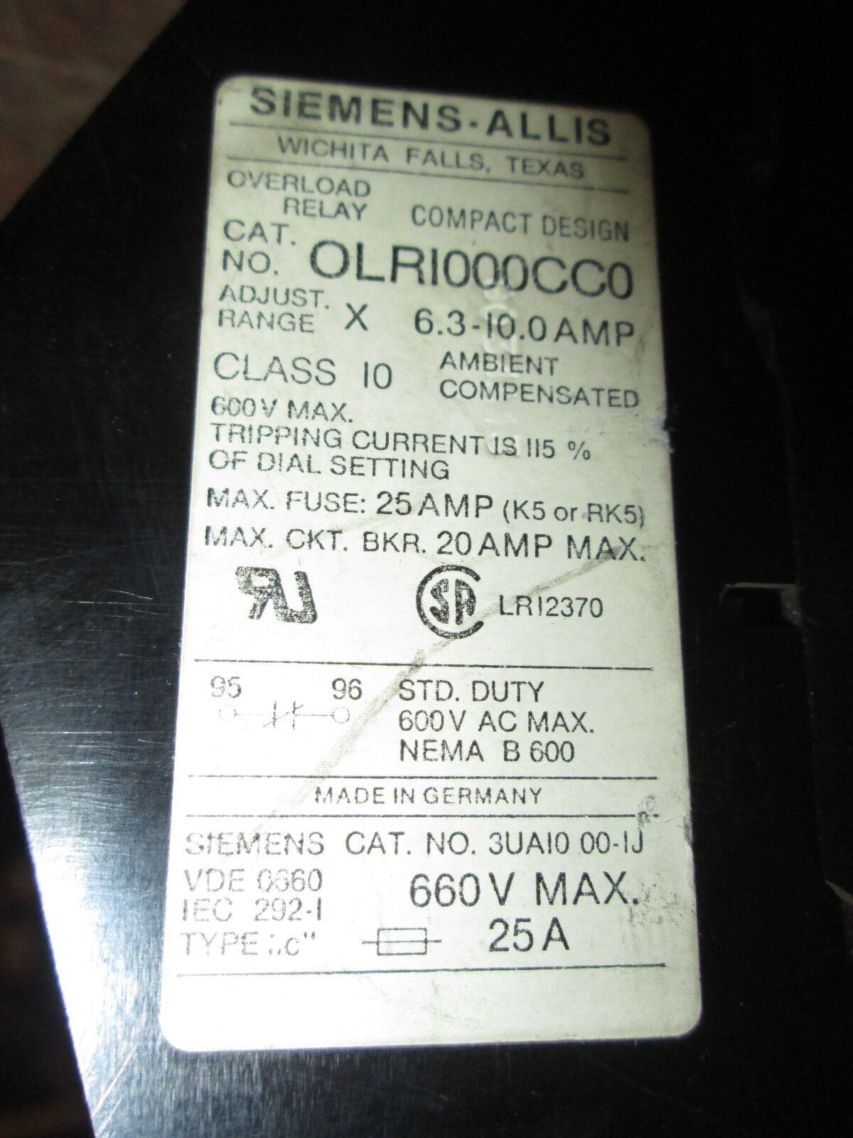 Siemens Contactor C210C*3 OLR1000CC0 120V Coil 18A 600V Used