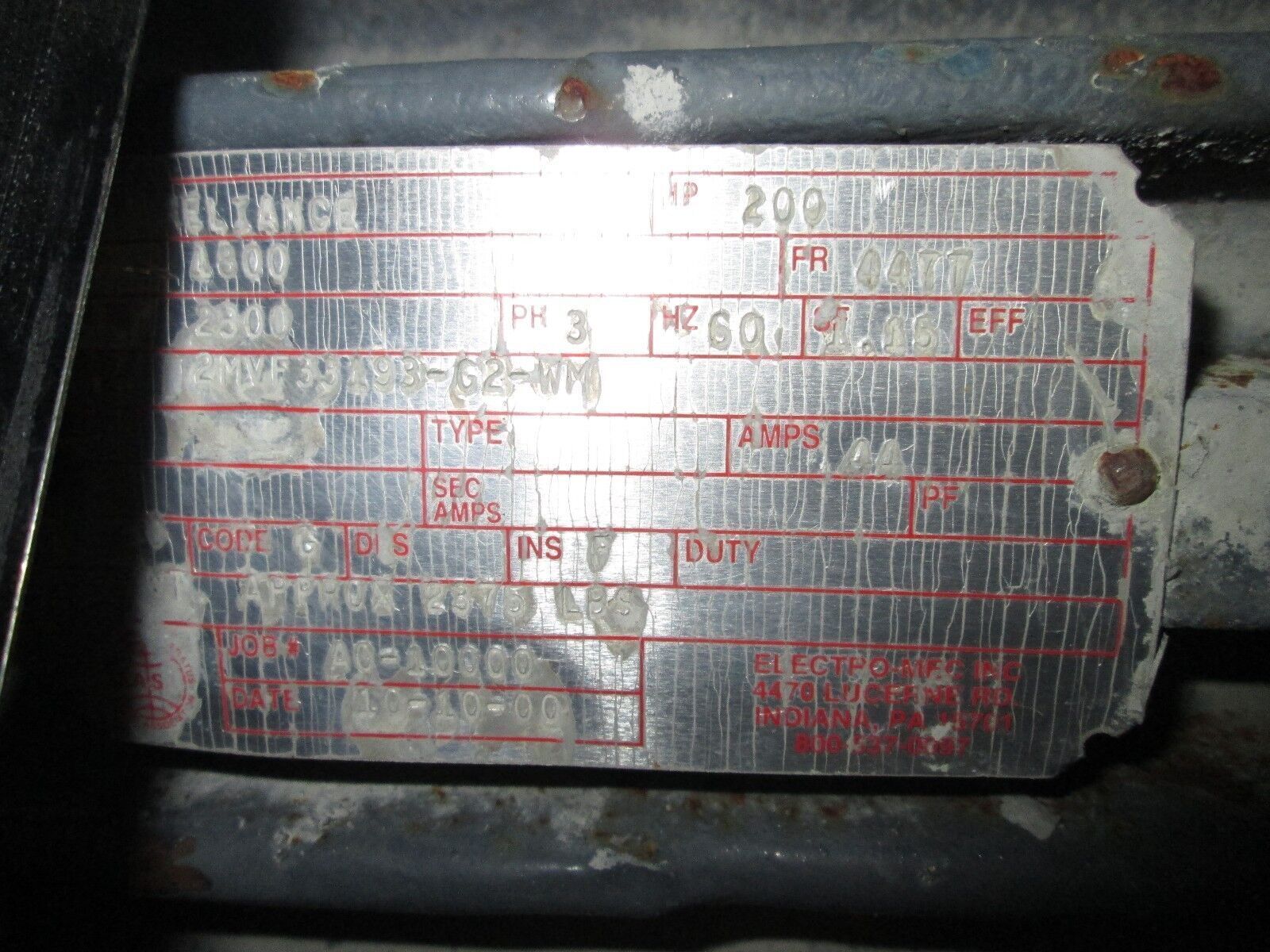 Reliance Motor 2MVF33193-G2-WM 200HP 1800 RPM's 2300V 44A