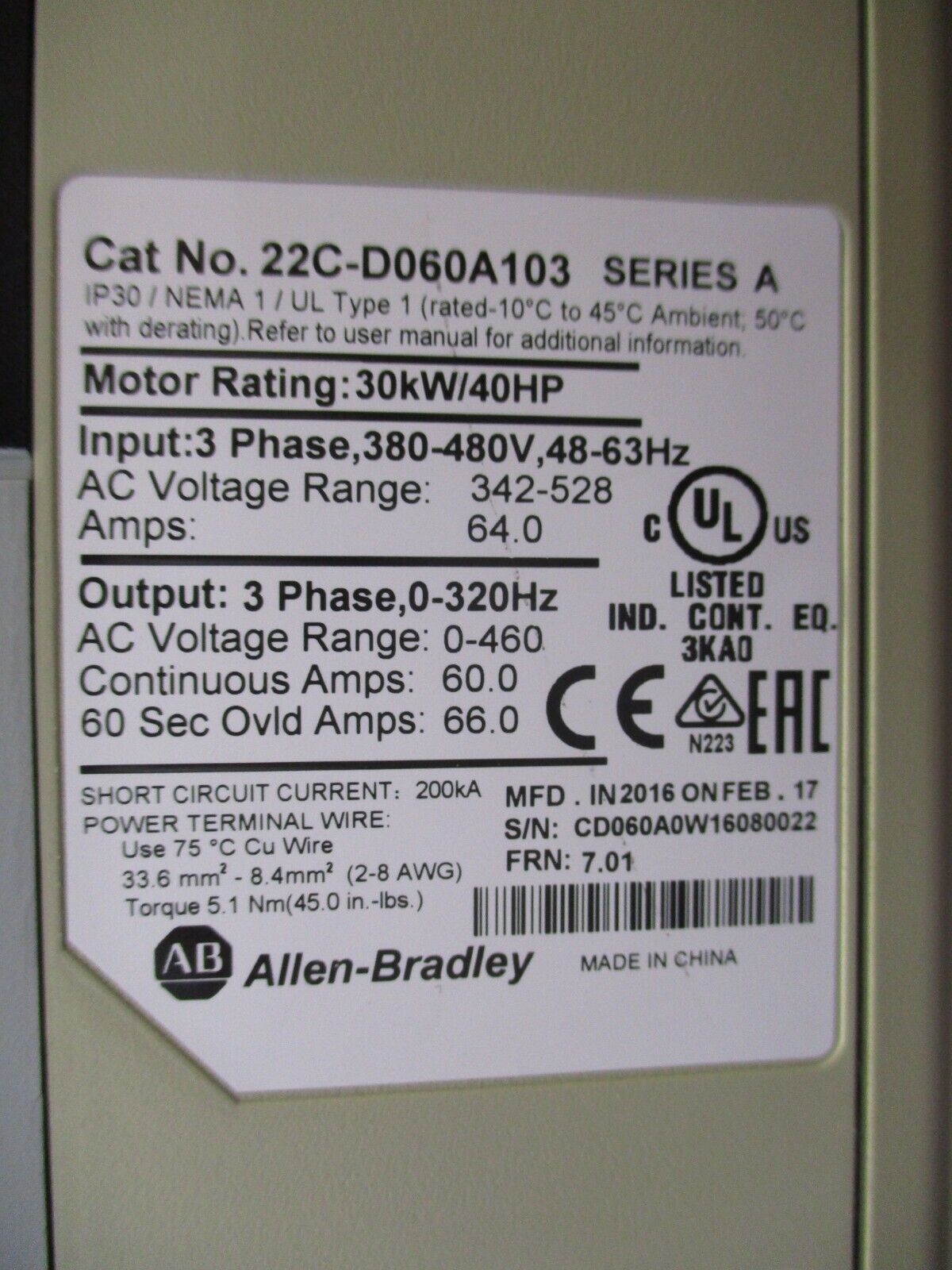 Allen-Bradley PowerFlex 400 AC Drive 22C-D060A103 Ser. A 40HP 3Ph Used