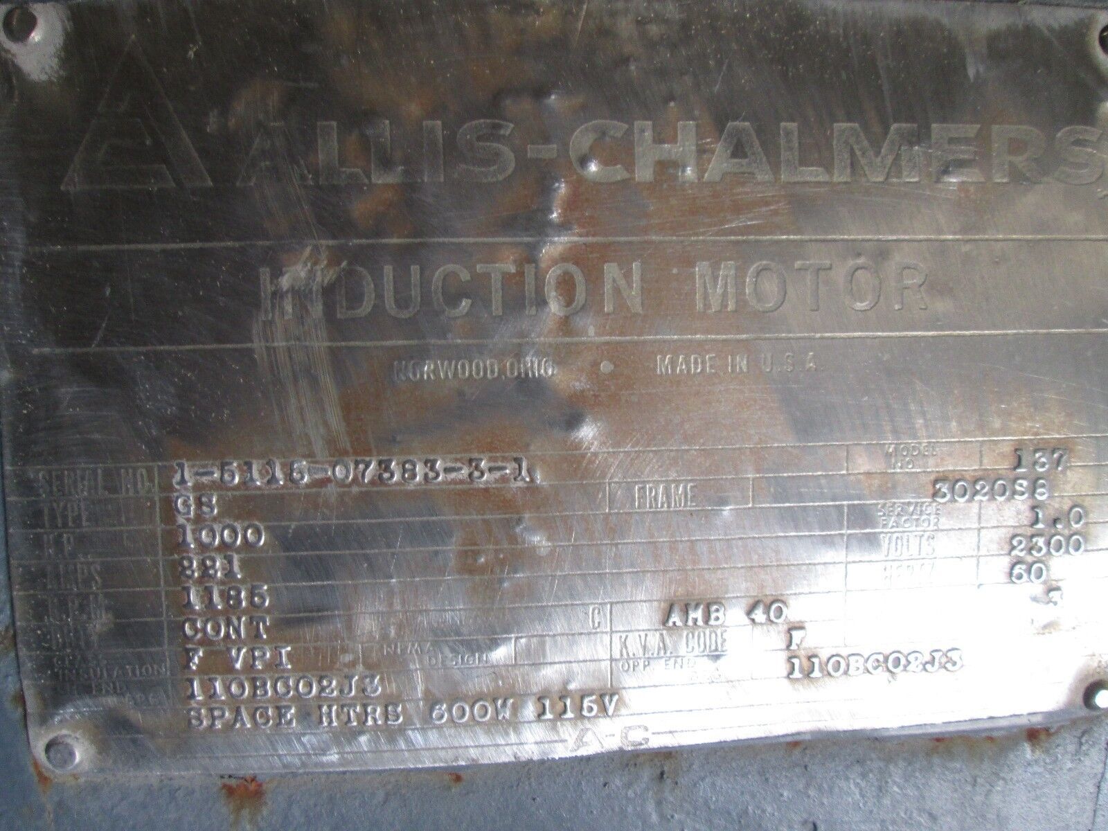 Allis-Chalmers Motor 1-5115-07383-3-1 1000HP 1200 RPM's 3020S8 Frame 2300V