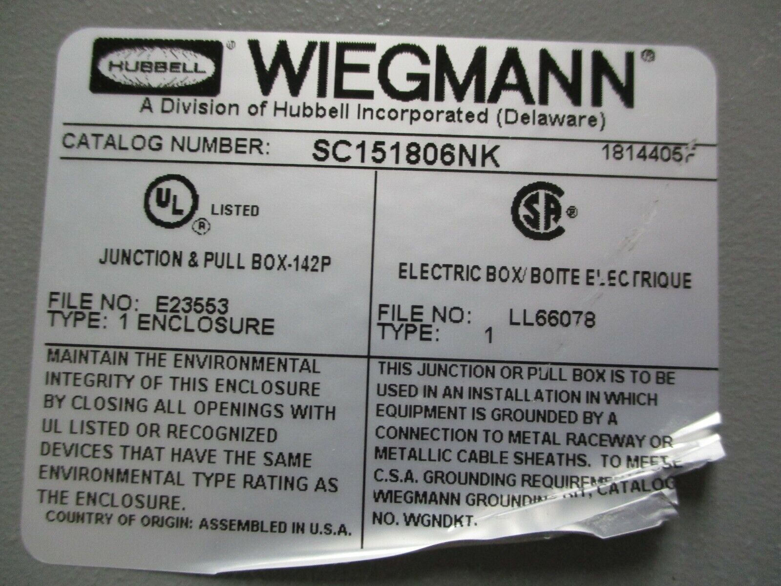 Wiegmann Type 1 Enclosure SC151806NK Size: 15x18x6" *No Box* New Surplus