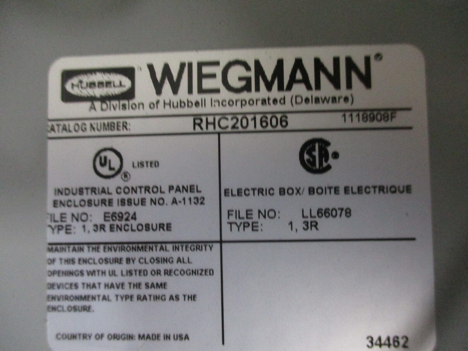 Wiegmann 3R Enclosure RHC201606 Size: 20x16x06" Used