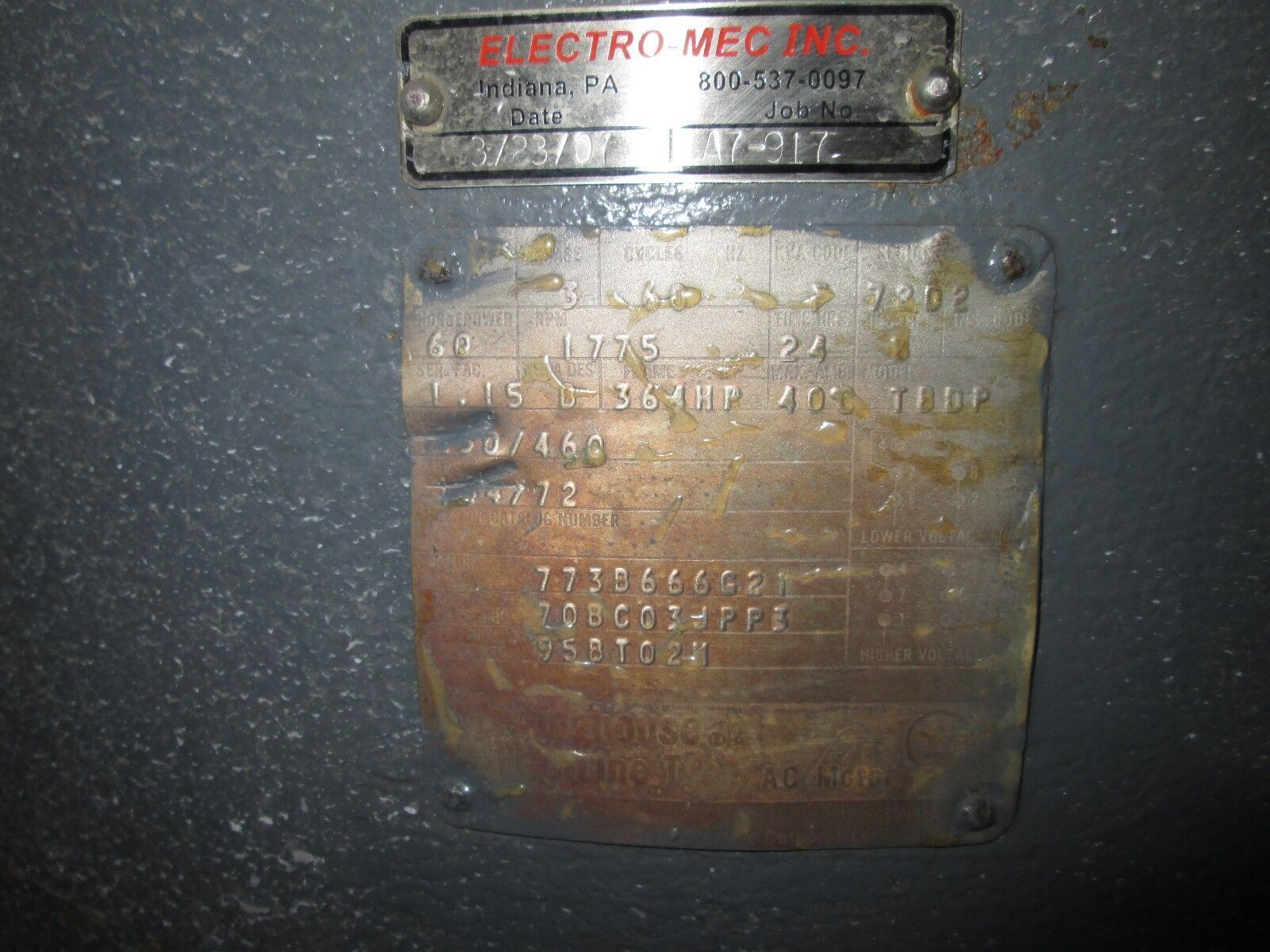 Westinghouse Motor 7302 60HP 1775 RPM's 230/460V 144/72A