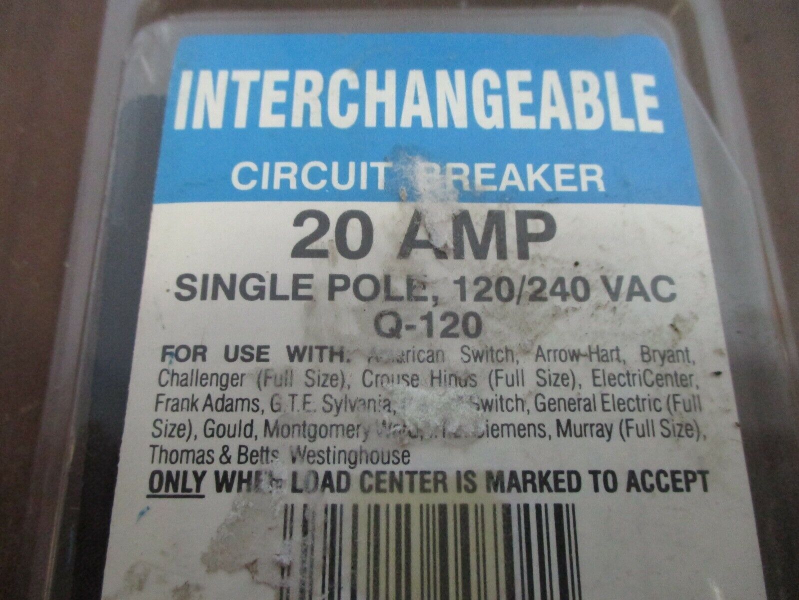 Thomas & Betts Circuit Breaker Q-120 20A 120/240V 1P New Surplus
