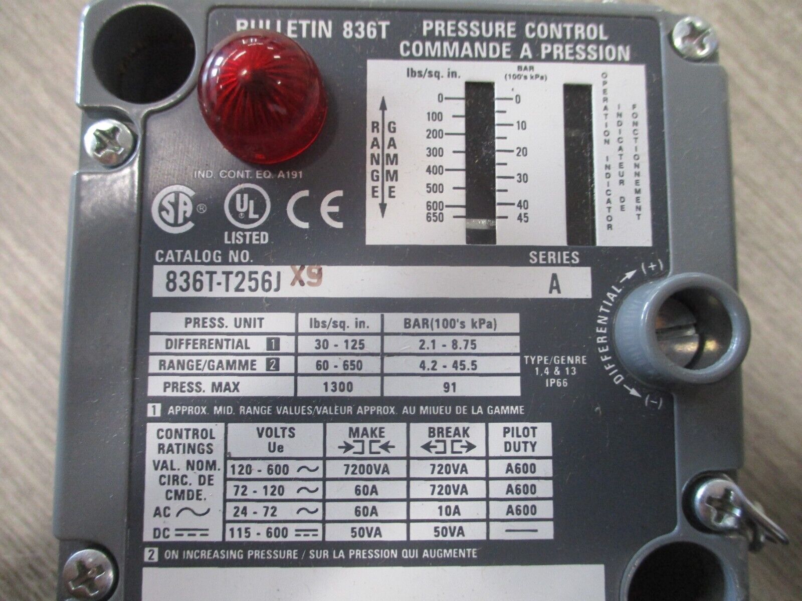Allen-Bradley Pressure Control 836T-T256JX9 Ser.A Range : 60-650 PSI New Surplus