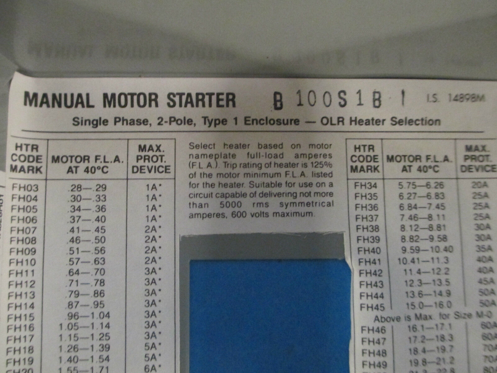 Cutler-Hammer AC Manual Starter B100S1B Size M-1 1PH New Surplus