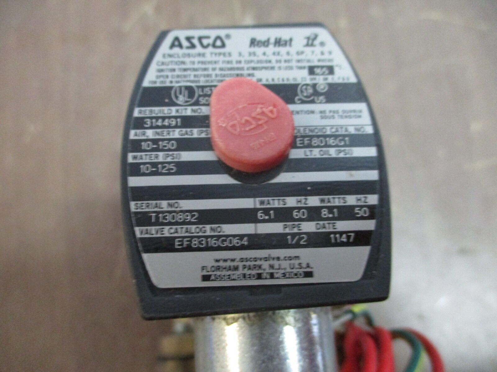 Asco Red-Hat II Solenoid Valve EF8316G064 10-150PSI Air 10-125PSI Water Used