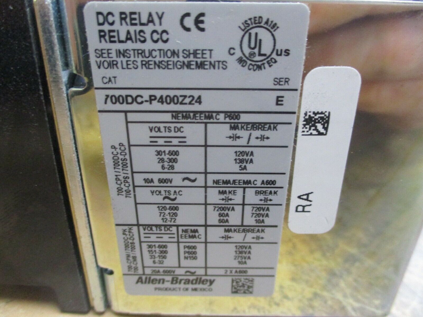 Allen-Bradley DC Relay 700DC-P400Z24 Ser. E 24VDC Coil 600V Used