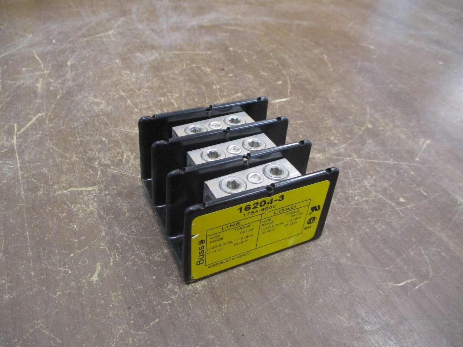 Buss Power Distribution Block 16204-3 175A 600V 3P Line (1): 2/0-8, 10-14 Used