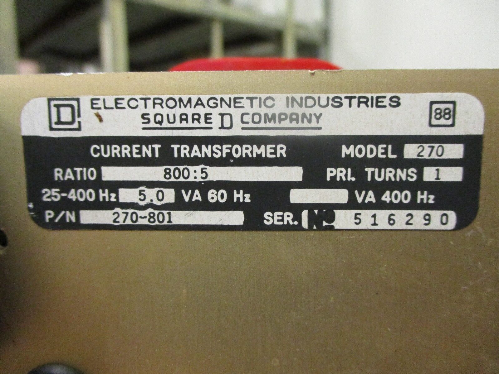 Square D Model 270 Current Transformer 270-801 Ratio 800:5A Used