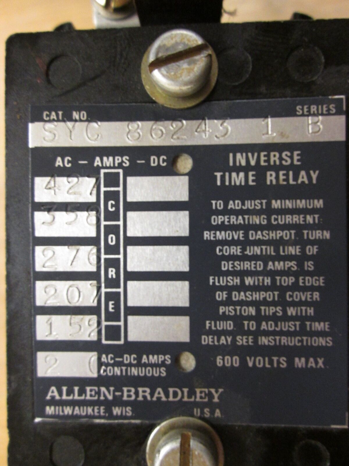 Allen-Bradley Inverse Time Relay SYC 86243 1 600V Used
