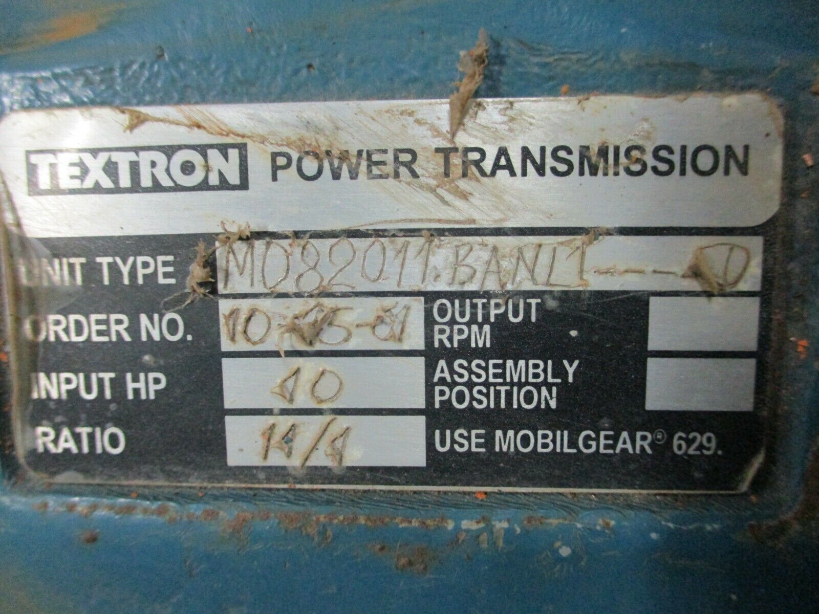 Textron Reducer M082011.BANL1----D 10HP Input Ratio 11:1 Used