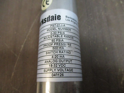 Barksdale Pressure Sensor PS7-21-I-A Range: 0-30PSIA Output: 4-20ma Used