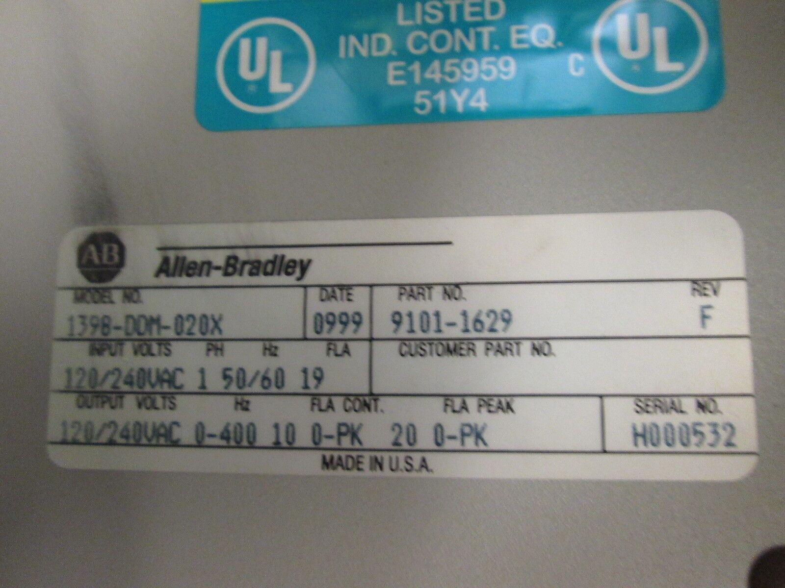 Allen-Bradley Servo Drive 1398-DDM-020X Output: 120/240VAC 0-400Hz Used
