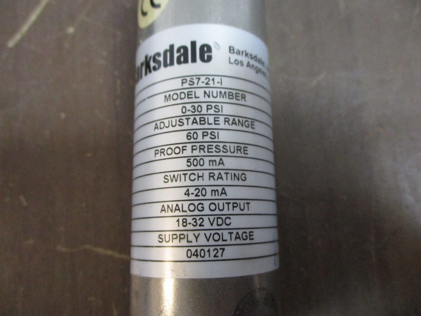 Barksdale Pressure Sensor PS7-21-I-A Range: 0-30PSIA Output: 4-20ma Used