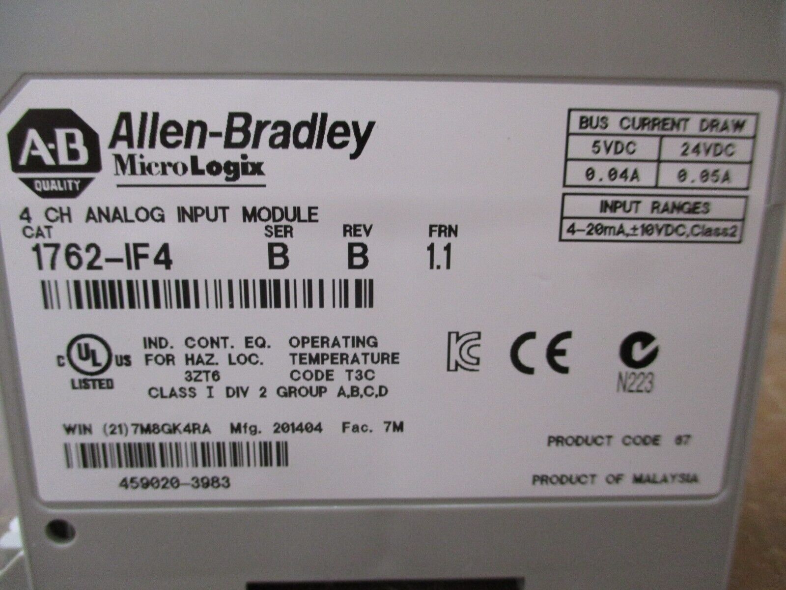 Allen-Bradley MicroLogix Analog Input Module 1762-IF4 Ser. B Rev. B FRN: 1.1 4Ch