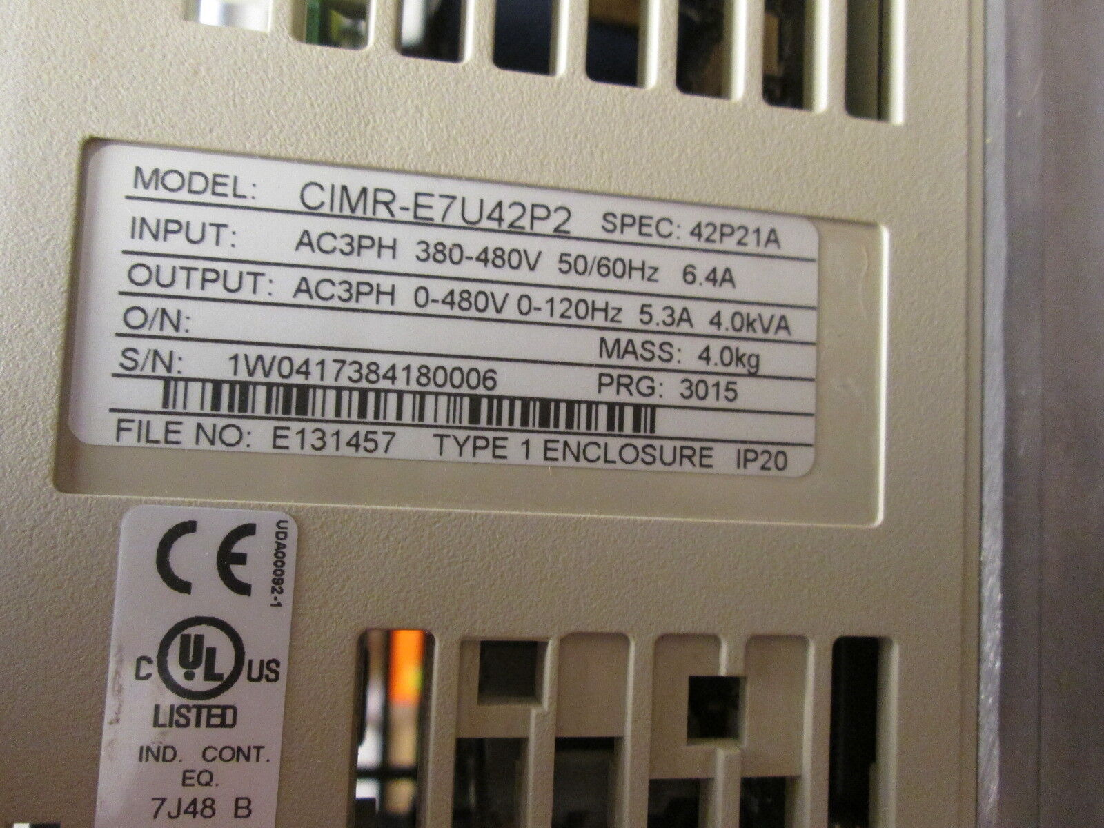 Yaskawa E7 AC Drive CIMR-E7U42P2 0.5HP 3Ph w/ Keypad *No Cover* Used